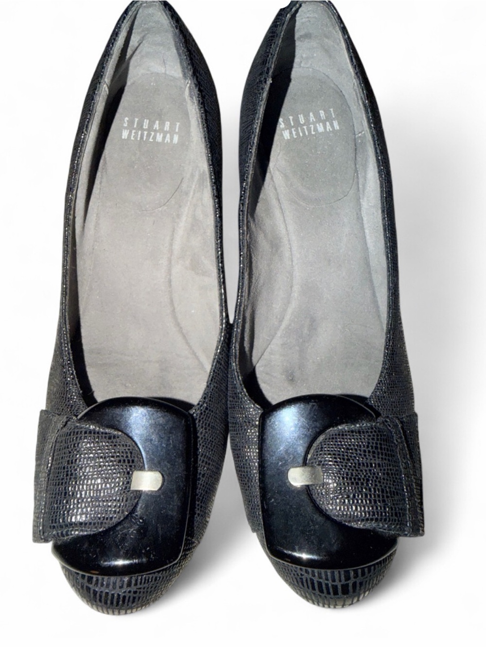 Stuart Weitzman Black Textured Buckle Wedge